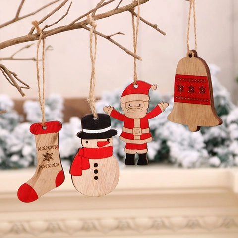 Adornos Colgantes de Madera para Árbol de Navidad Pintados Papá Noel Muñeco de Nieve Campana Decoración con Cuerda Cáñamo