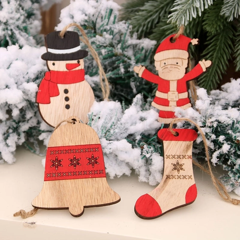 Adornos Colgantes de Madera para Árbol de Navidad Pintados Papá Noel Muñeco de Nieve Campana Decoración con Cuerda Cáñamo