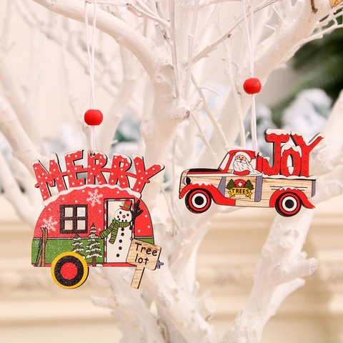 Christmas Wooden Hanging Ornaments Painted Car Pickup Truck Shape Santa Snowman Decorative Pendant For Christmas Tree Home Holiday Party Decor