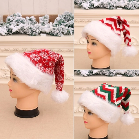 Christmas Hat Knitted Faux Fur Pom Pom Stripe Snowflake Pattern Holiday Party Decoration Adult Warm Winter Headwear