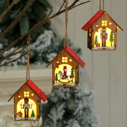Glowing Christmas Wooden Nutcracker House Pendant LED Lighted Rocking Horse Hanging Ornament For Xmas Tree Home Decor