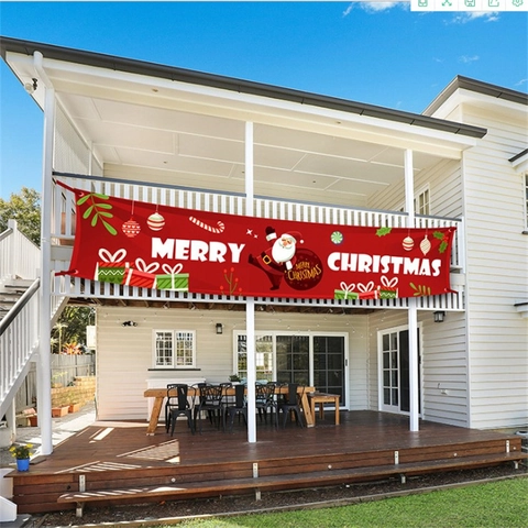 Grande Bannière de Noël Fond Tissu Oxford Décoration de Clôture Extérieure Carreaux Buffalo Rouge Noir Joyeux Noël Père Noël