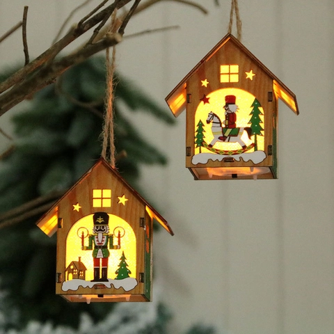 Glowing Christmas Wooden Nutcracker House Pendant LED Lighted Rocking Horse Hanging Ornament For Xmas Tree Home Decor