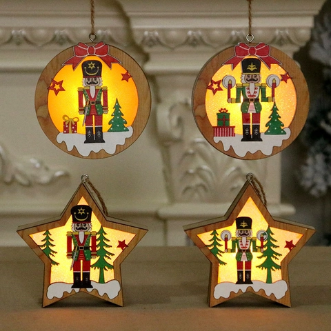 Nutcracker Wooden Christmas Ornament With LED Glowing Light Star Round Hanging Decoration For Xmas Tree Party Home Decor