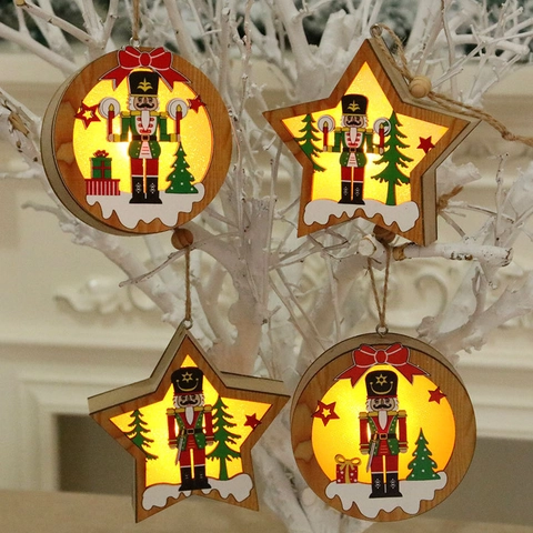 Nutcracker Wooden Christmas Ornament With LED Glowing Light Star Round Hanging Decoration For Xmas Tree Party Home Decor