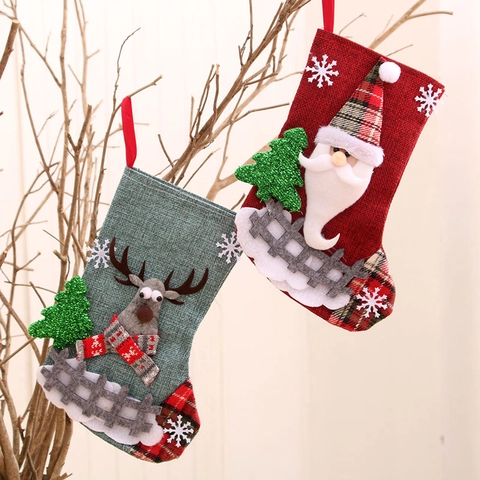 Calza Di Natale Con Applicazioni 3D Lino Sacco Quadri Decorazione Da Appendere Per Casa Camino Festa