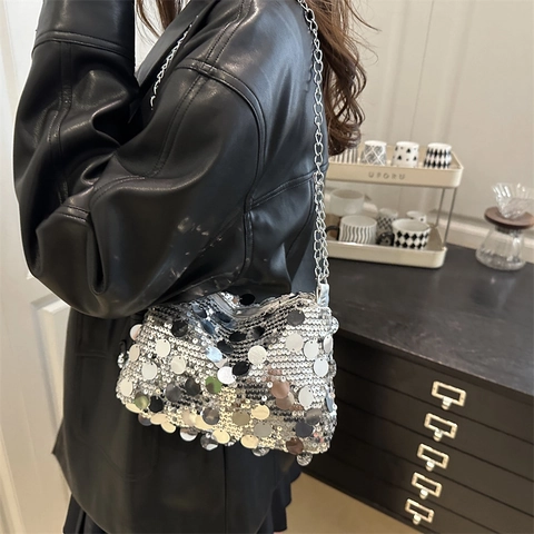 Women Sequin Shoulder Bag Trendy Chain Evening Bag Sparkly Underarm Bag For Party Wedding Banquet Glamorous Handbag