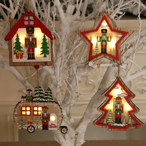 LED Luminous Wooden Christmas Hanging Ornaments With Nutcracker Pattern Warm Light Nutcracker Soldier Wood Star House Car Decor