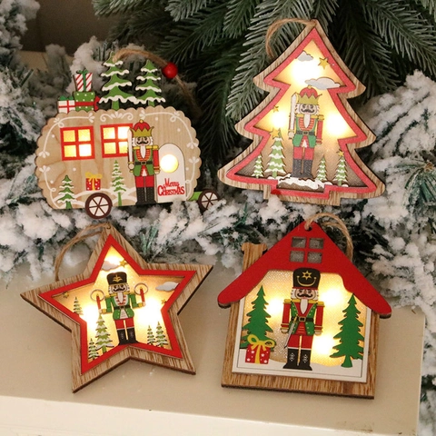 LED Luminous Wooden Christmas Hanging Ornaments With Nutcracker Pattern Warm Light Nutcracker Soldier Wood Star House Car Decor