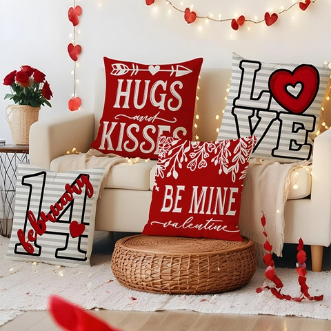 Valentine's Day Linen Throw Pillow Covers Red White Love Heart Patterns Decorative Cushion Case For Sofa Living Room Decor