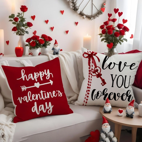 Valentine's Day Linen Throw Pillow Covers Red White Love Heart Patterns Decorative Cushion Case For Sofa Living Room Decor