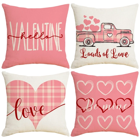 Valentine Day Linen Pillow Case Heart Truck Design Decorative Cushion Cover For Sofa Farmhouse Home Decor For Women