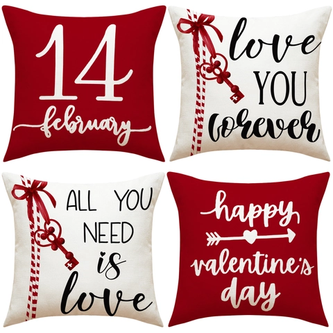 Funda De Cojín De San Valentín Lino Algodón Decorativa Estampado Corazón Rojo Llave Romántica Decoración Sofá Hogar