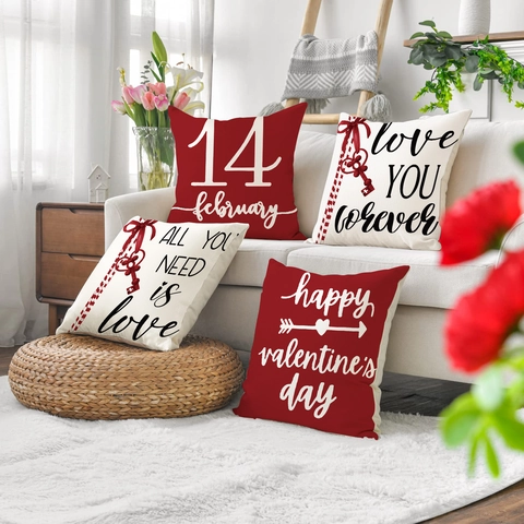 Funda De Cojín De San Valentín Lino Algodón Decorativa Estampado Corazón Rojo Llave Romántica Decoración Sofá Hogar