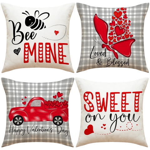 Valentinstag Kissenbezüge Polyester Leinenoptik Dekorative Kissenhüllen Herz Biene Schmetterling Muster Sofa Heimdeko