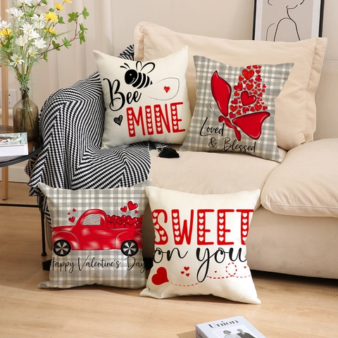 Valentinstag Kissenbezüge Polyester Leinenoptik Dekorative Kissenhüllen Herz Biene Schmetterling Muster Sofa Heimdeko