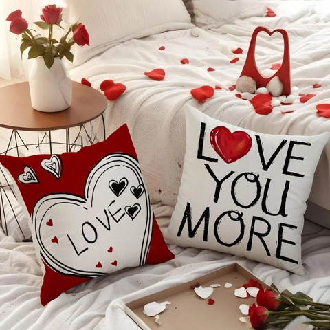 Valentine's Day Decorative Pillow Covers Linen Heart Shaped Love Pattern Cushion Cases For Home Sofa Bedroom Couple Romantic Decor