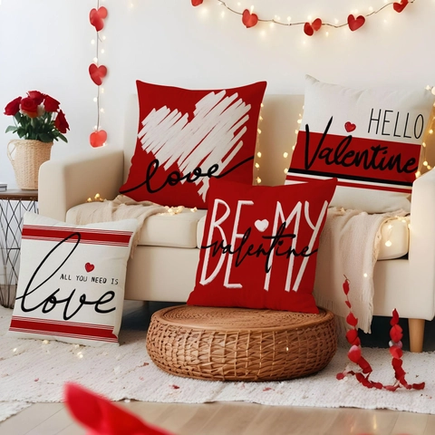 Valentine Heart Pattern Linen Polyester Cushion Covers Romantic Love Red White Decorative Square Throw Pillowcases For Sofa Home Bedding Decor