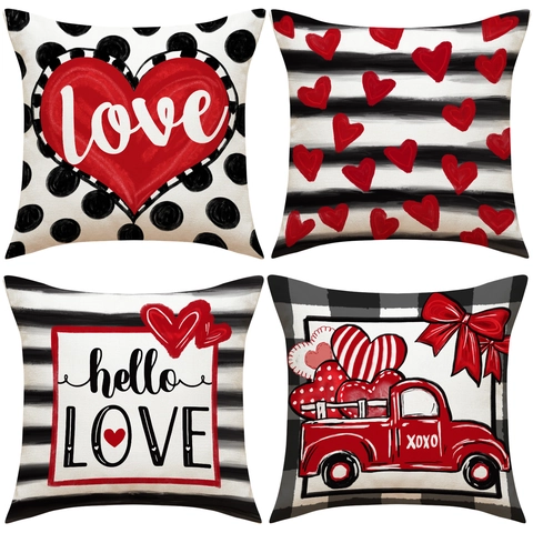 Kissenbezug Valentinstag Herz Liebe Truck Buffalo Plaid Leinen Deko Kissenhülle