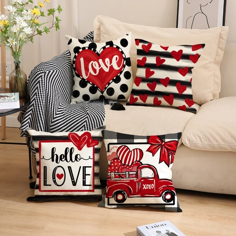 Kissenbezug Valentinstag Herz Liebe Truck Buffalo Plaid Leinen Deko Kissenhülle