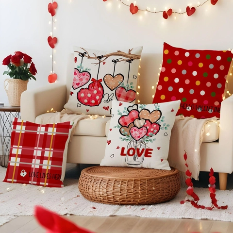 Taie d'Oreiller Décorative Saint-Valentin Rouge Blanc Motif Cœur Lettres d'Amour Polyester Aspect Lin Housse de Coussin Pour Canapé