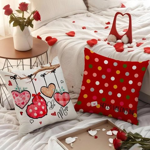 Taie d'Oreiller Décorative Saint-Valentin Rouge Blanc Motif Cœur Lettres d'Amour Polyester Aspect Lin Housse de Coussin Pour Canapé