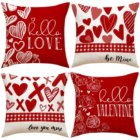 Taie Oreiller Saint Valentin Motif Cœur Rose Rouge Crème Housse de Coussin Décorative Polyester Carrée pour Décoration Maison