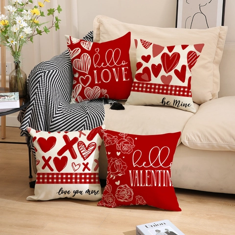 Taie Oreiller Saint Valentin Motif Cœur Rose Rouge Crème Housse de Coussin Décorative Polyester Carrée pour Décoration Maison
