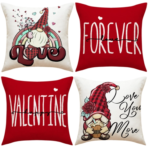 Valentine's Day Gnome Heart Pattern Throw Pillow Cover Linen Look Polyester Square Decorative Cushion Case For Sofa Home Decor