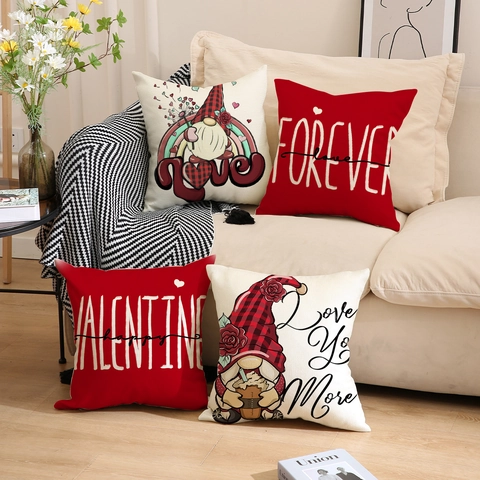 Valentine's Day Gnome Heart Pattern Throw Pillow Cover Linen Look Polyester Square Decorative Cushion Case For Sofa Home Decor