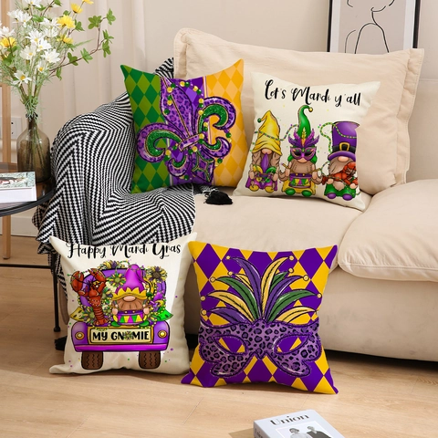 Mardi Gras Decoration Pillowcases Set Fleur-de-lis Gnomes Mask Truck Pattern Purple Green Gold Festive Cushion Covers For Sofa Home Decor