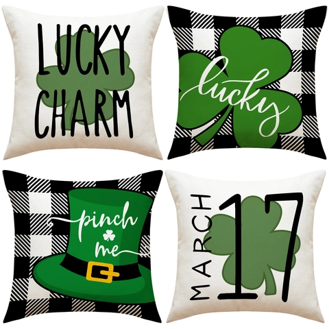 Fodera Per Cuscino Decorativa In Lino Per San Patrizio Trifoglio Verde Quadri Buffalo Quadrato Copricuscino Per Divano Casa