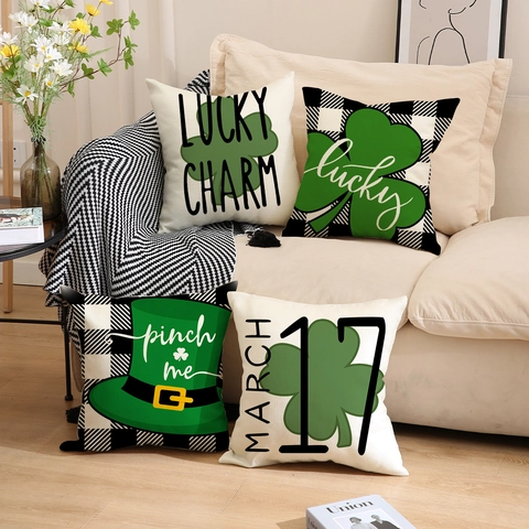 Fodera Per Cuscino Decorativa In Lino Per San Patrizio Trifoglio Verde Quadri Buffalo Quadrato Copricuscino Per Divano Casa