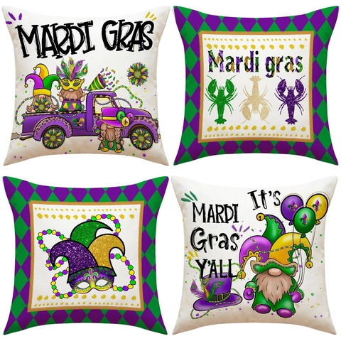 Mardi Gras Kussenhoes Paars Groen Goud Vrachtwagen Kabouters Print Linnen Decoratieve Kussensloop Voor Bank Huis Decoratie