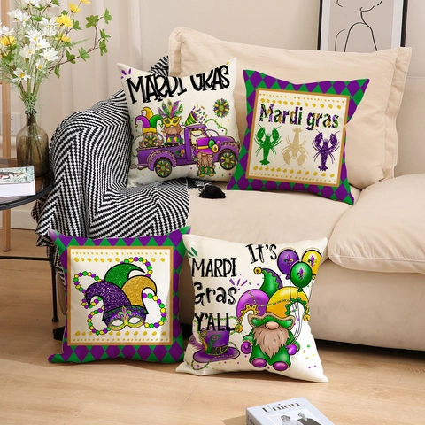 Mardi Gras Kussenhoes Paars Groen Goud Vrachtwagen Kabouters Print Linnen Decoratieve Kussensloop Voor Bank Huis Decoratie