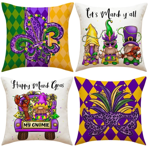 Mardi Gras Decoration Pillowcases Set Fleur-de-lis Gnomes Mask Truck Pattern Purple Green Gold Festive Cushion Covers For Sofa Home Decor