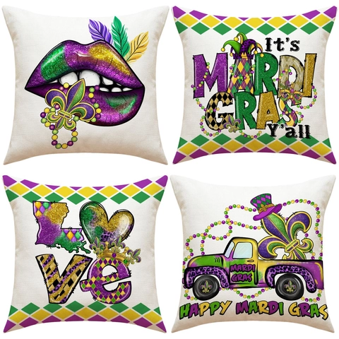 Mardi Gras Kissenbezug Leinenoptik Polyester Karneval Dekorativ Sofakissen Hülle Lila Grün Gold Drucke