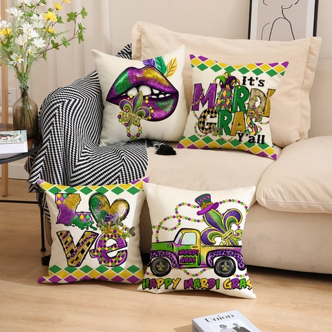 Mardi Gras Kissenbezug Leinenoptik Polyester Karneval Dekorativ Sofakissen Hülle Lila Grün Gold Drucke
