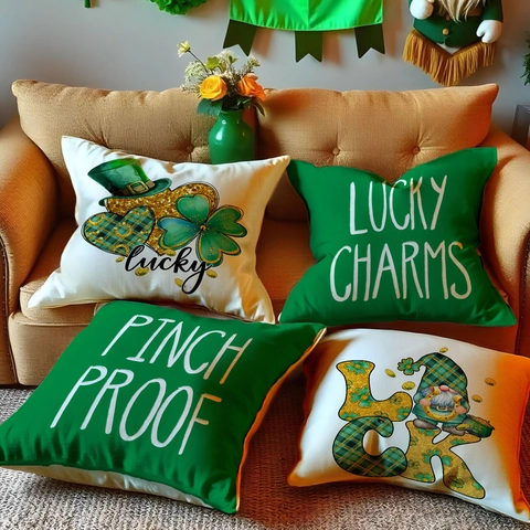 St Patrick's Day Decorative Pillow Covers Shamrock Green Hat Gnome Lucky Charms Pattern Polyester Cushion Cases Home Decor