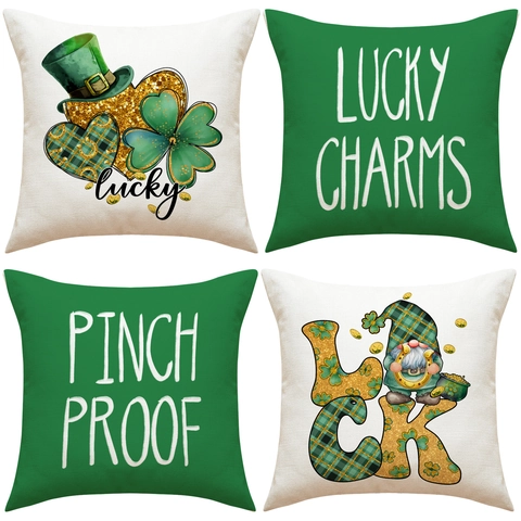 St Patrick's Day Decorative Pillow Covers Shamrock Green Hat Gnome Lucky Charms Pattern Polyester Cushion Cases Home Decor