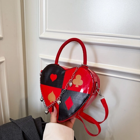 Borsa A Tracolla A Forma Di Cuore Motivo Carte Da Poker Pelle PU Colori A Contrasto Con Catena A Cuore Per Donna