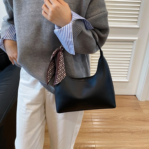 Women's Minimalist Crescent PU Leather Underarm Shoulder Bag With Satin Scarf Decoration Fashion Stitched Hobo Bag Daily Work