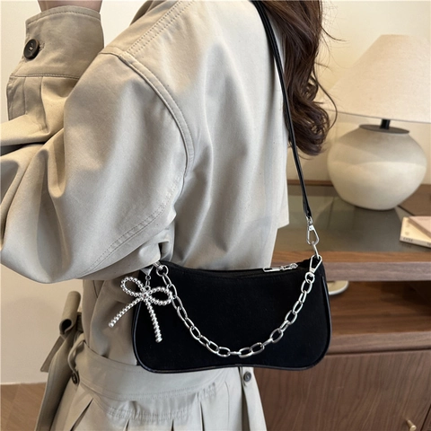 Bolso de Axila Vintage de Gamuza para Mujer Cadena de Plata Lazo Minimalista Bolso de Hombro Color Sólido Cremallera Bolso Cuadrado