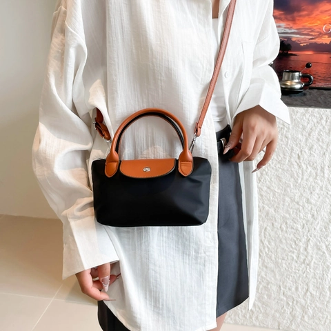 Mini Dumpling Bag Women Nylon PU Contrast Color Handbag Small Shoulder Crossbody Bag With Adjustable Strap Urban Simple Style