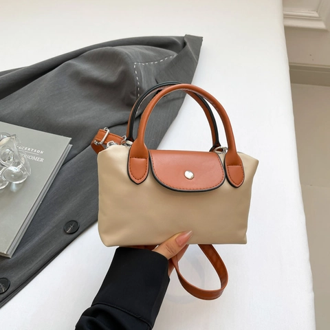 Mini Dumpling Bag Women Nylon PU Contrast Color Handbag Small Shoulder Crossbody Bag With Adjustable Strap Urban Simple Style
