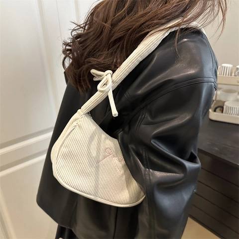 Corduroy Achseltasche Für Damen Mit Bestickter Schleife Und Gekräuseltem Schultergurt Süße Lässige Hobo-Tasche