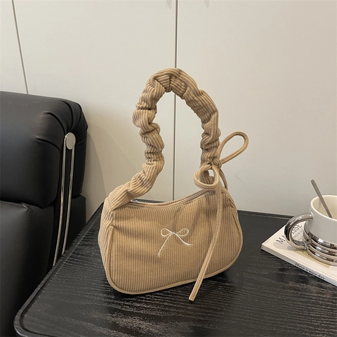 Corduroy Achseltasche Für Damen Mit Bestickter Schleife Und Gekräuseltem Schultergurt Süße Lässige Hobo-Tasche