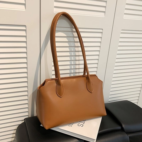 Women PU Leather Tote Bag Large Capacity Minimalist Solid Color Retro Underarm Shoulder Bag Fashion Purse