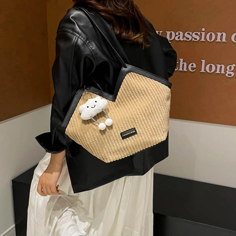 Women Corduroy Tote Bag Large Capacity Contrast Color Shoulder Bag With Plush Cloud Charm Commuter Work School Handbag