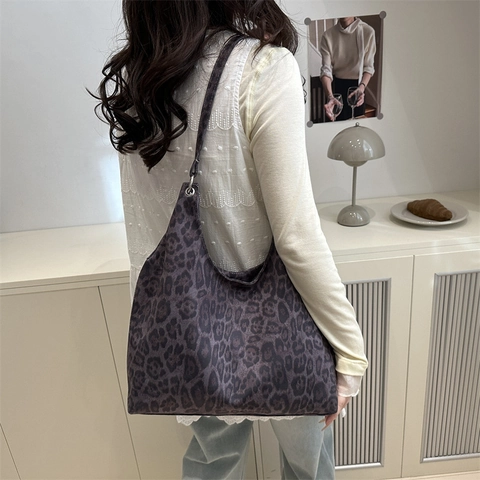 Leopard Print Schultertasche Große Kapazität Canvas Unterarm Handtasche Modisch Lässig Pendeln Für Damen